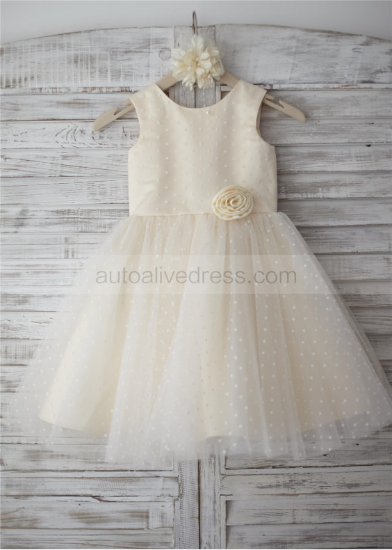 Ivory Polka Dot Tulle Champagne Lining Knee Length Flower Girl Dress 